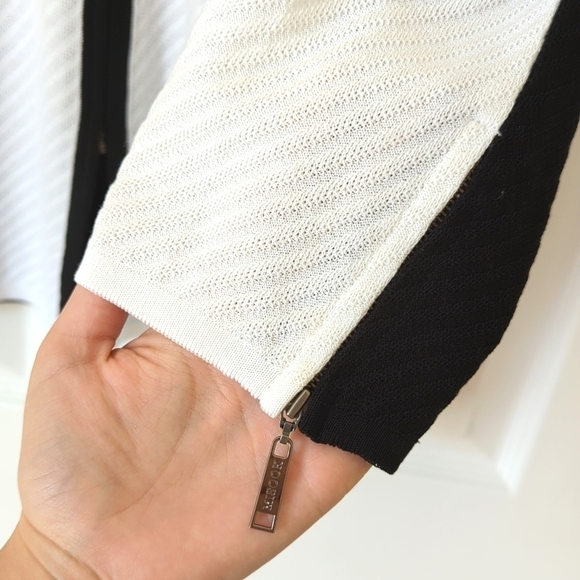 Misook Lightweight Three Quarter Sleeve Full Zip Colorblock Jacket White Black M - Picture 10 of 12